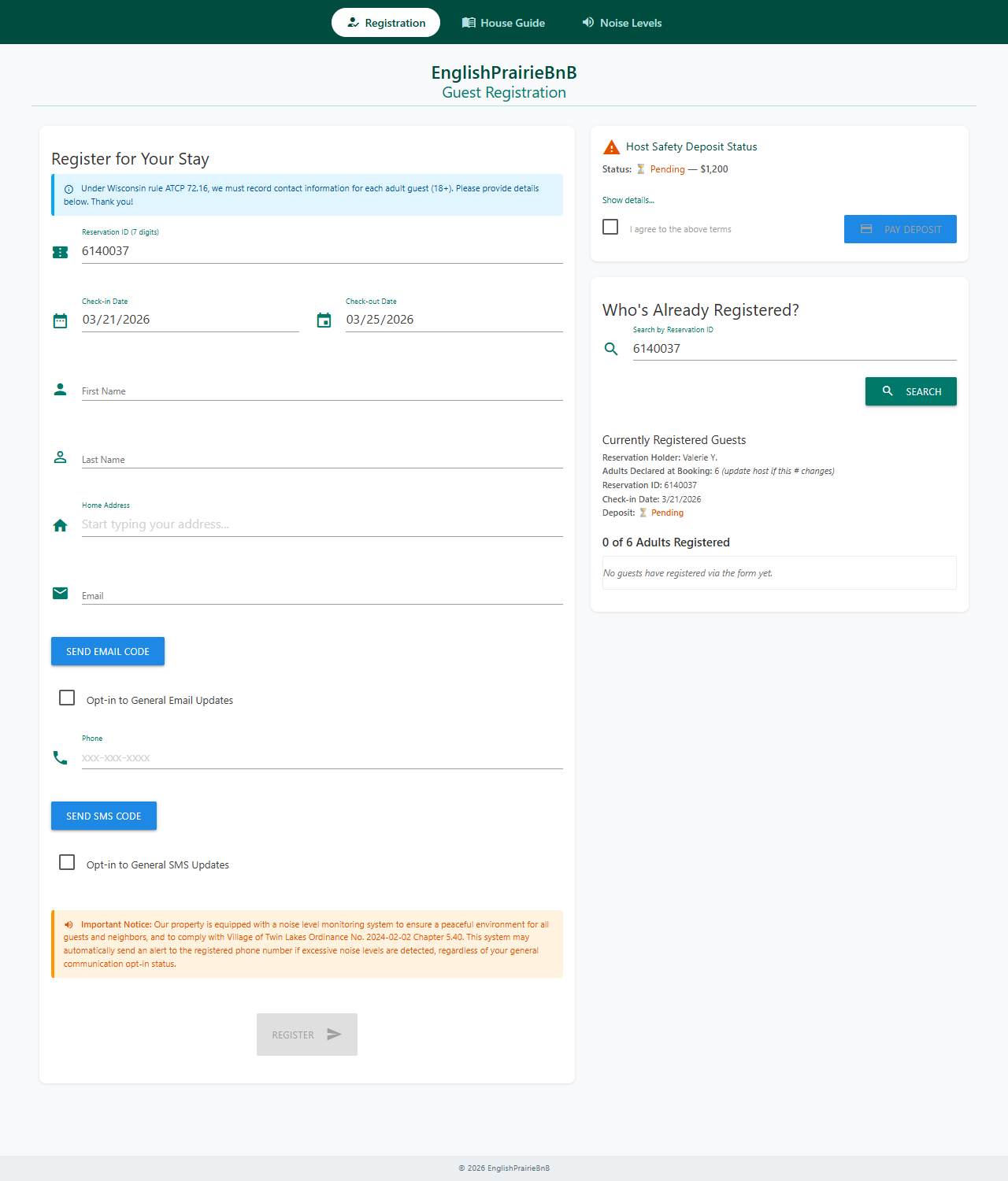 Guest registration form with deposit pending